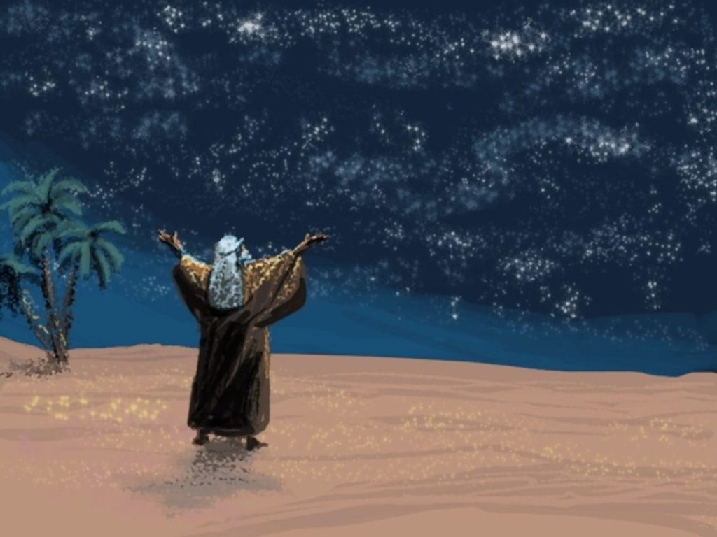A man looking up at the stars at night, illustrative of God's promise to Abraham. But what religion was Abraham? was Abraham the father of three religions? And what about Abram?