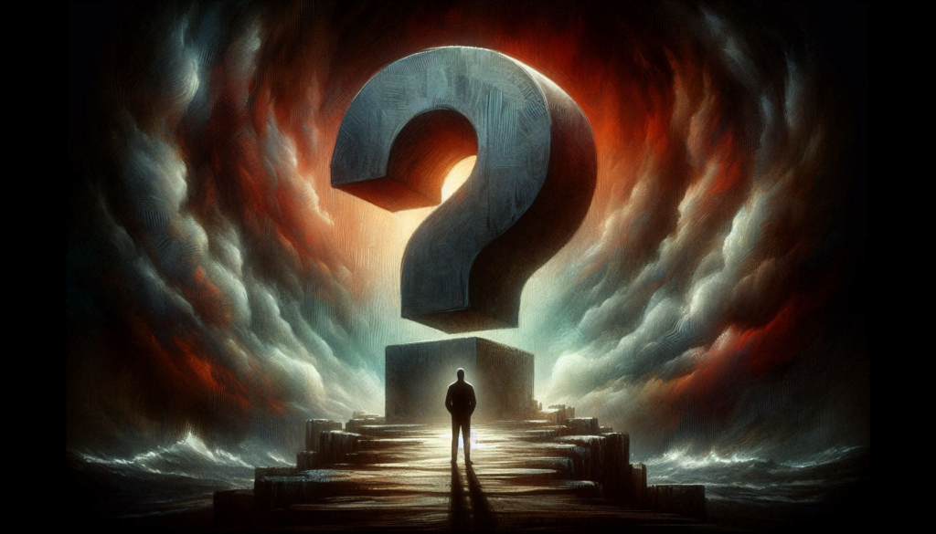 When governments redefine Christianity, who do its follower pray to - illustrated by a man praying to a giant statue of a question mark.