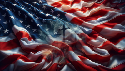 Can China and U.S. governments define a new Christianity? - illustrated by a barely visible crucifixion scene overlayed with an american flag