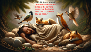 cost to follow Jesus 72-1 gvr » God versus religion illustration of the cost of following Jesus - mt 8:20 with Jesus sleeping on ground with rock for pillow with birds and foxes