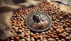 a denarius with Jesus' image (no such thing) - to show trap related to question about paying taxes