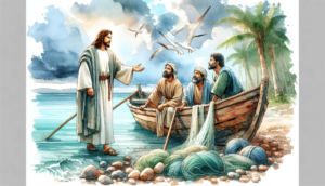 Jesus calls James and John, while Zebedee watches