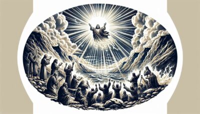 An image of God appearing over a crowd of people praying, to illustrate: Psalm 33 - The Lord is our help and our shield