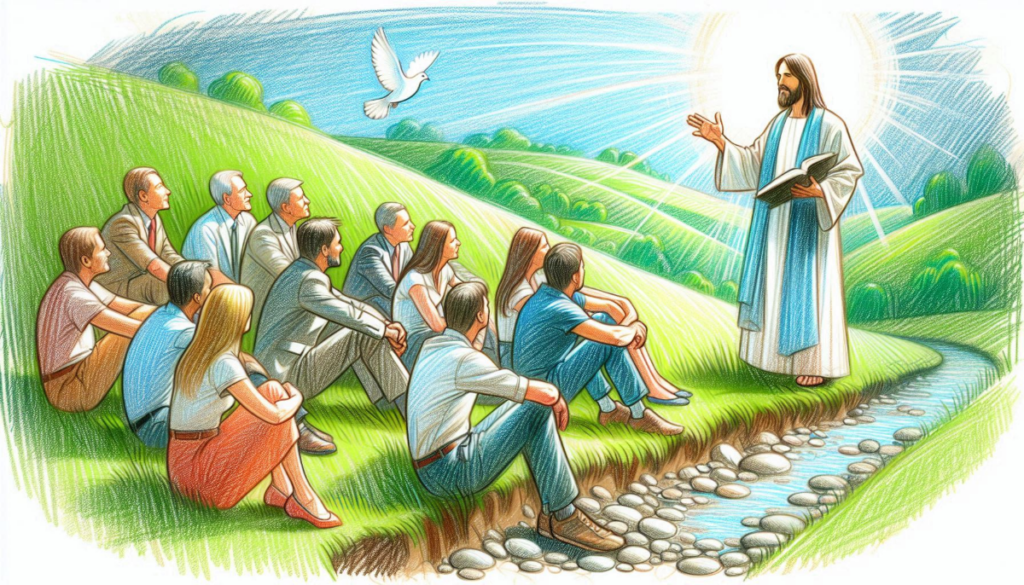 Colored pencil sketch of Jesus speaking to a modern-day group on a hillside to show faith, love and trust in God, as written in the God versus religion: faith, love and trust in God web site.