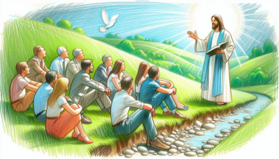 gvr - faith love and trust in God gvr » God versus religion Colored pencil sketch of Jesus speaking to a modern-day group on a hillside to show faith, love and trust in God, as written in the God versus religion: faith, love and trust in God web site.