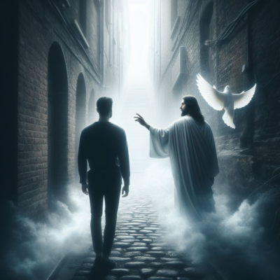 gvr - the Holy Spirit gvr » God versus religion Jesus in a dark alley with a dove to represent the Holy Spirit - meeting us in dark places and leading us into the light.