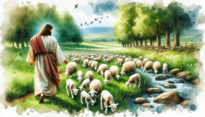 gvr - the Lord is my shepherd gvr » God versus religion Jesus tending to a flock of sheep in a green pasture with a slow stream running through it to show "The Lord is my Shepherd".