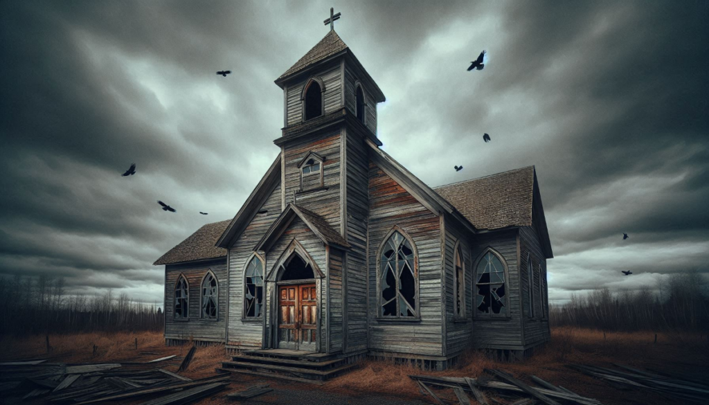 An old, run down church that's physically destroyed, but was ruined first because of the ways people in church destroy churches from the inside.