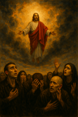An AI image to represent: Rev 1:7 Look, he is coming with the clouds,
and every eye will see him,
even those who pierced him;
and all the peoples of the earth will mourn because of him.