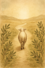 A lone sheep walking down a path that's framed with olive branches to illustrate ...